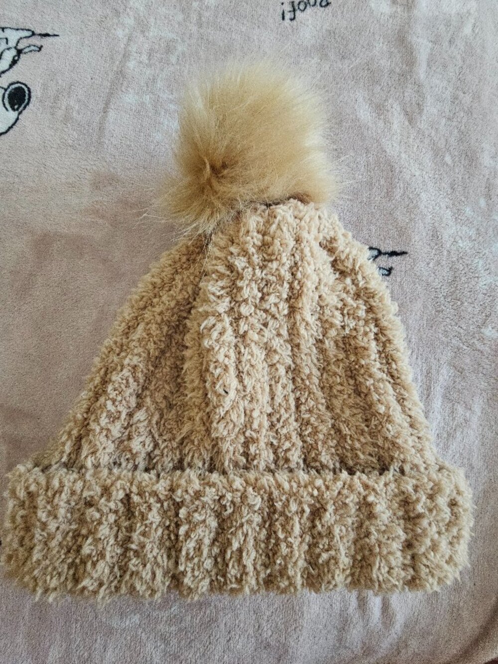 Womens Tan Faux Fur Pom Beanie Winter Hat Time and Tru Cozy Fuzzy Knit